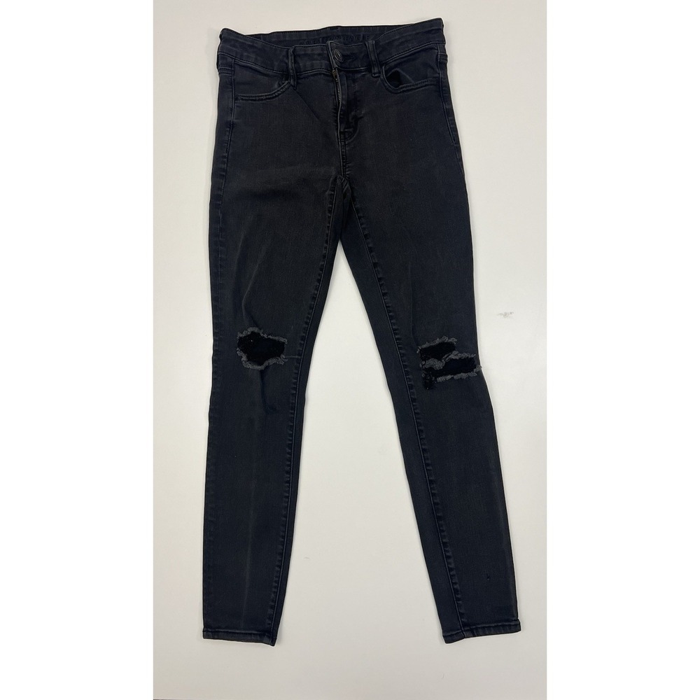 American Eagle High Rise Skinny Jeans 27x27 Black Ripped Distressed Stretch